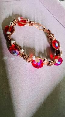 Handmade Copper Wire Wrapped Red Bead Bracelet